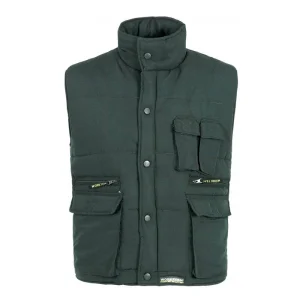 Chaleco acolchado y multibolsillos, con cortavientos en mangas. 100% poliéster