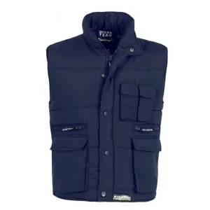 Chaleco acolchado y multibolsillos, con cortavientos en mangas. Color marino. 100% poliéster