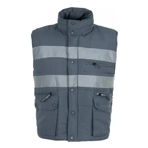 Chaleco acolchado y multibolsillos con cortavientos y 2 cintas reflectantes. 100% poliéster.