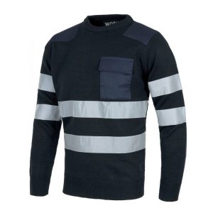 Jersey cuello redondo con bolsillo y 2 cintas reflectantes. 100% acrílico