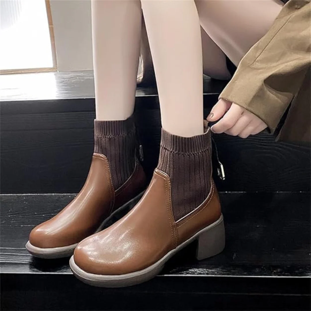 Botas cortas de cuero suave con tejido el谩stico para mujer - Imagen 4