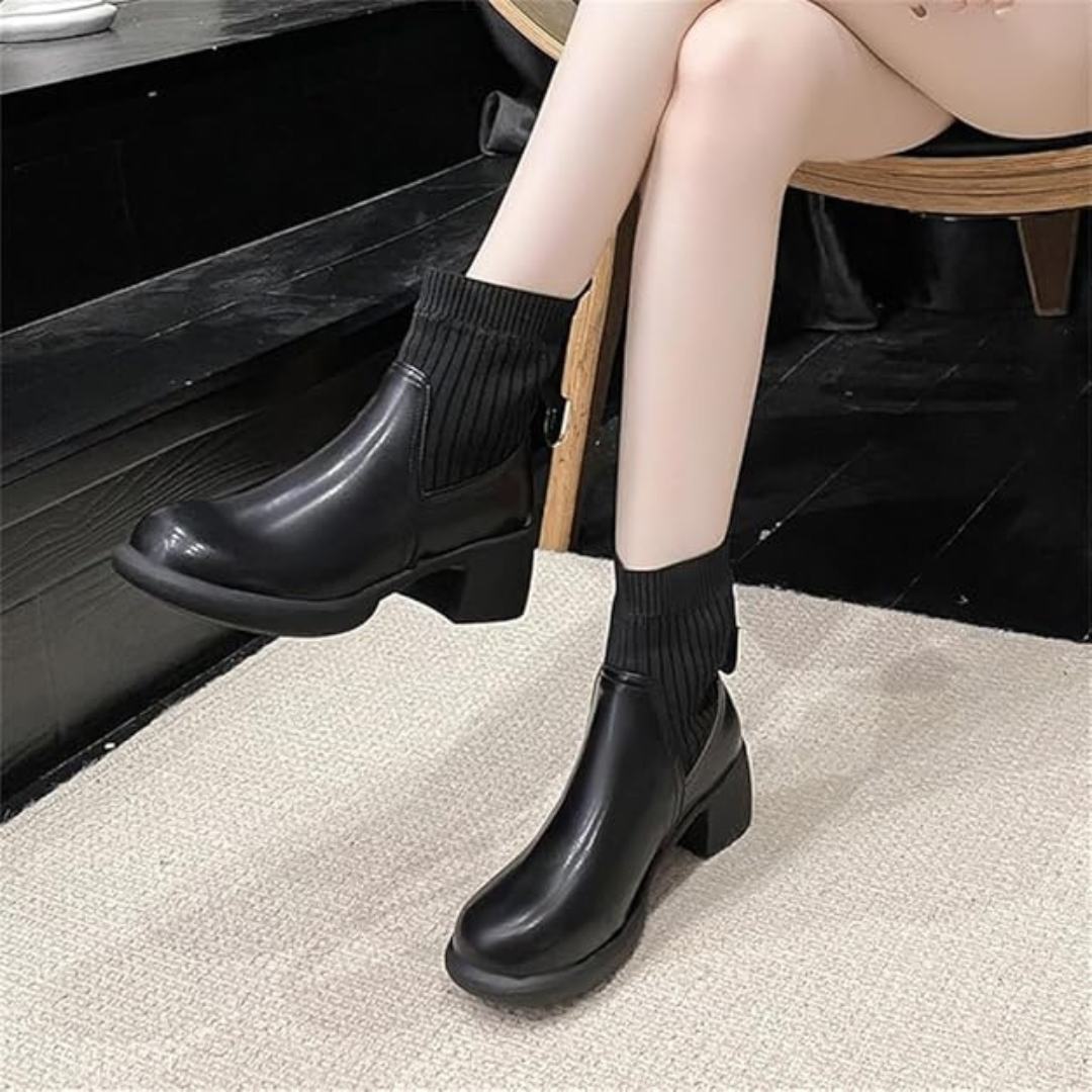 Botas cortas de cuero suave con tejido el谩stico para mujer - Imagen 5