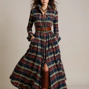 Giovanna | Vestido Maxi a Cuadros Retro con Cintura