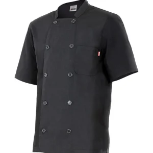 Chaqueta cocinero con cuello tirilla, manga corta, bolsillo en pecho