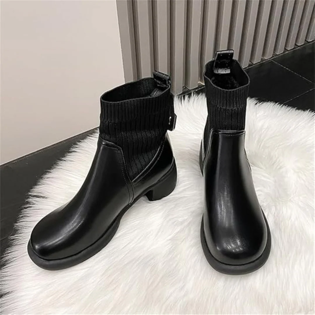 Botas cortas de cuero suave con tejido el谩stico para mujer - Imagen 6