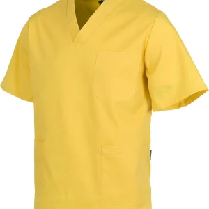 Casaca sanitario cuello de pico manga corta. Un bolsillo de pecho, dos bolsillos bajos. WTB9200