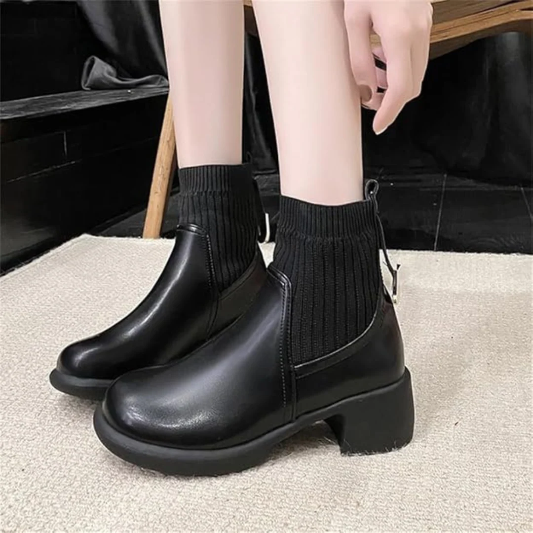 Botas cortas de cuero suave con tejido el谩stico para mujer - Imagen 7